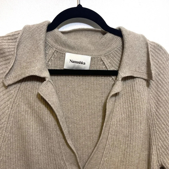 NWOT Nanushka Bambi Beige Wool Polo Sweater - Wool Cashmere Blend V-Neck - Picture 3 of 5